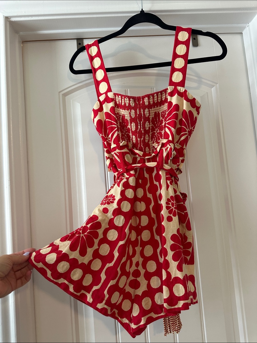 FARM Rio Red and Gold Floral Polka-Dot Romper with Tie Waist - Picture 6 of 7